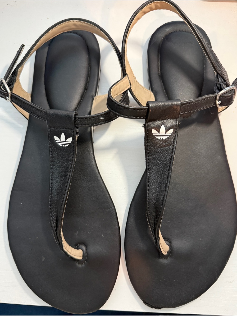 adidas Women's Black T-Strap Leather Sandals with Trefoil